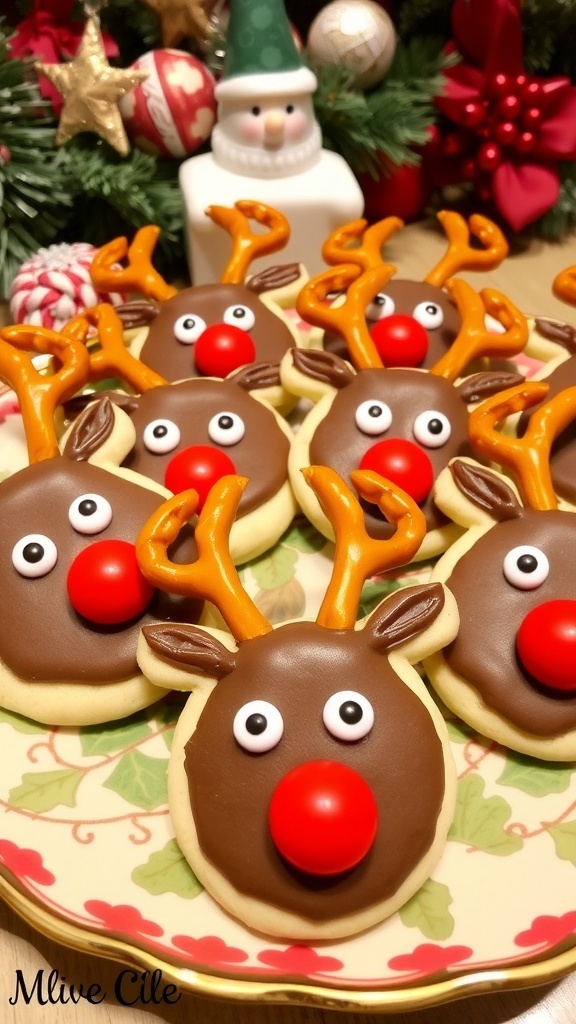 A plate of decorated Rudolph cookies with chocolate frosting, pretzel antlers, and red candy noses, set against a festive holiday backdrop.